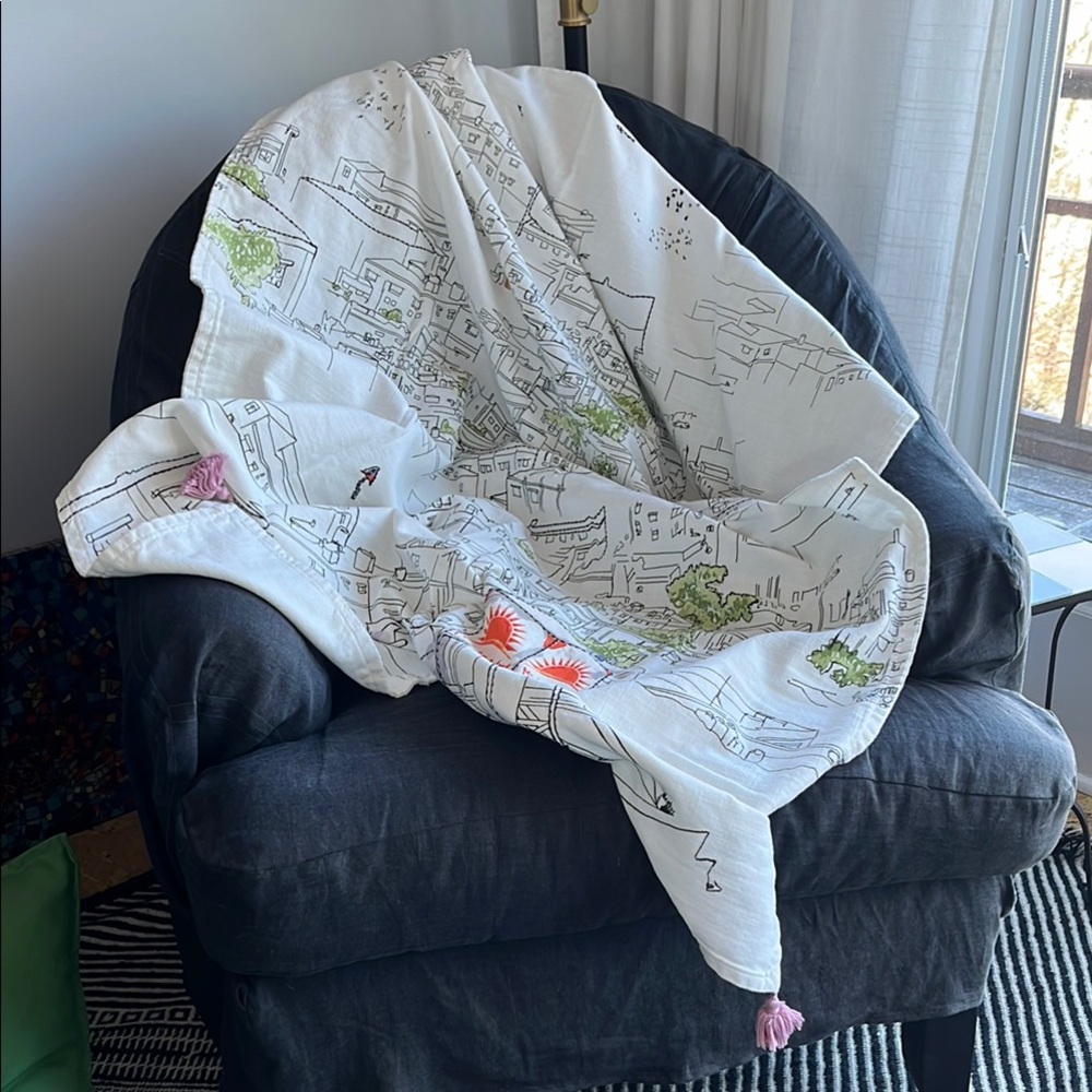 IKEA LOKALT Amman City White Cotton Linen Throw Blanket Embroidery Block Print - Picture 8 of 10